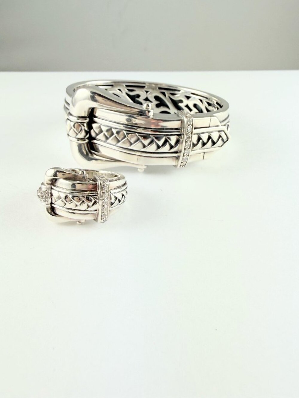 SCOTT KAY SS & DIAMOND BUCKLE BRACELET RING SET